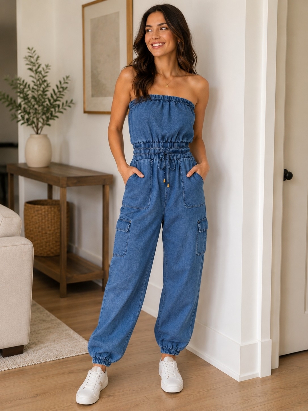 Streetwear Society Blue Strapless Denim Cargo Jumpsuit Size XL